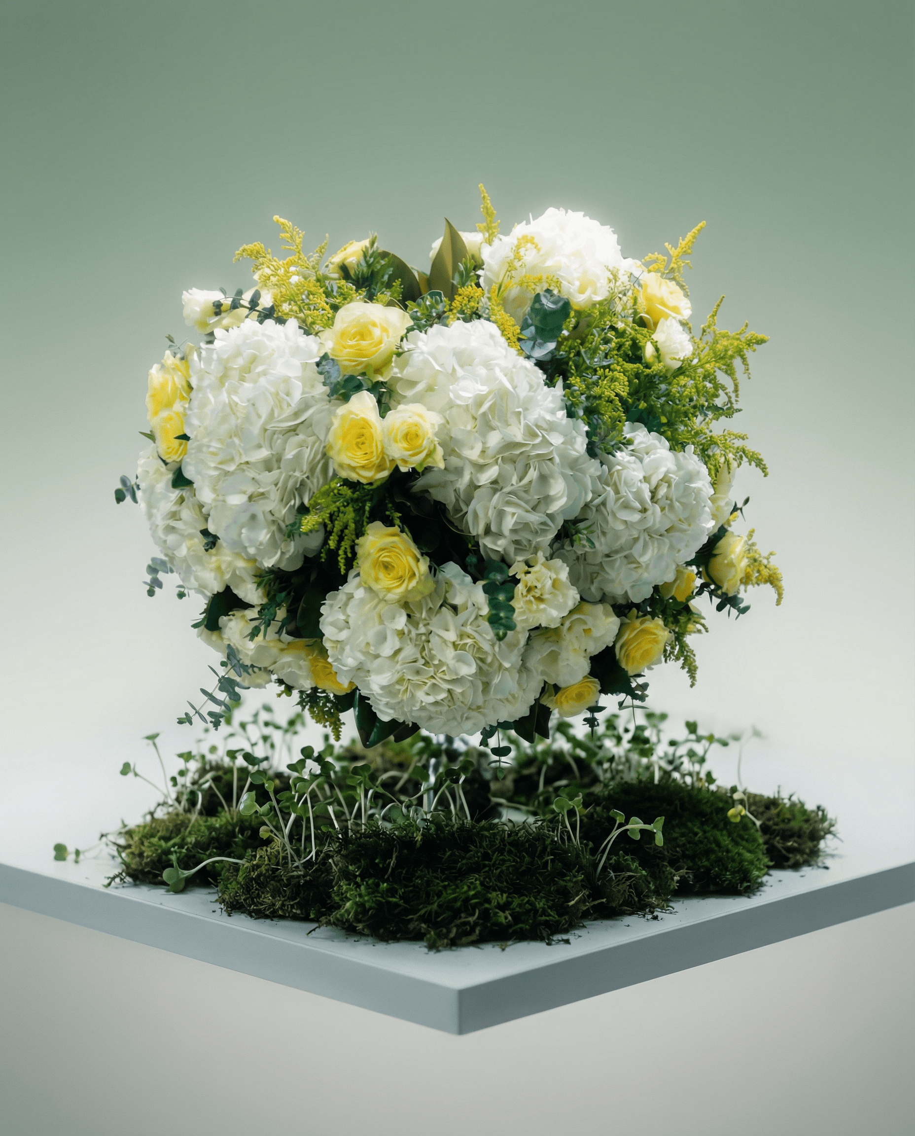 Bright Memory - 환한 봄날의 기억을 담은 돔 어레인지먼트. 화이트와 소프트 옐로우가 빚어내는 순수한 빛.